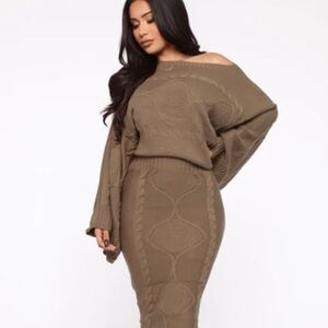 Olive green  Knit Sweater top Dolman cropand midi Skirt Set small